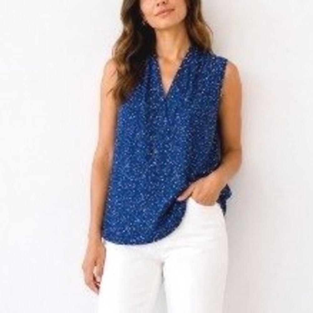 Equipment Polka Dot Sleeveless Blouse Blue Draped Collar Top | Size XS